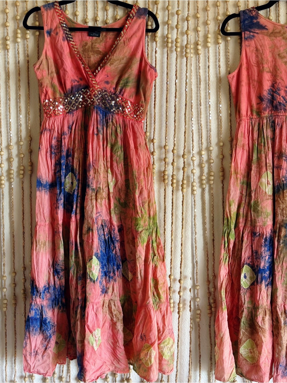 MKY Pink Blue Sequin Embellishmed Babydoll Tank Flowy Cotton Tie Dye Maxi Dress